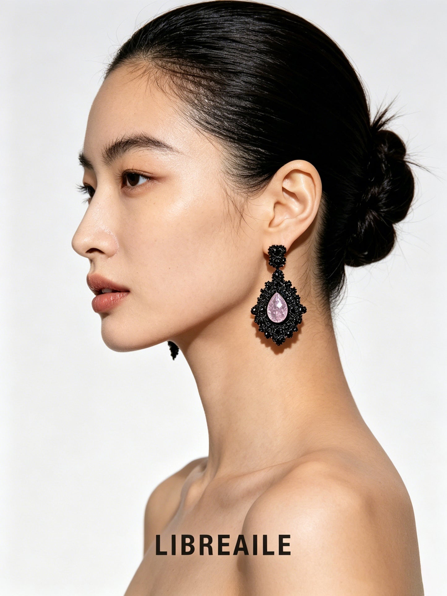 The Broken Hearts: Black & Pink Ice-Cracked Zirconia Drops, side view