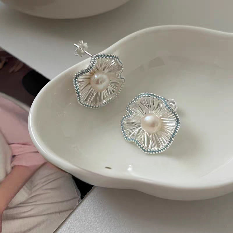 925 Sterling Silver Blue Enamel Fan Earrings with Natural Pearl Accents Earrings LIBREAILE JEWELRY 925-sterling-silver-blue-enamel-fan-earrings-pearl 925 Sterling Silver Blue Enamel Fan Earrings with Pearl | LIBREAILE