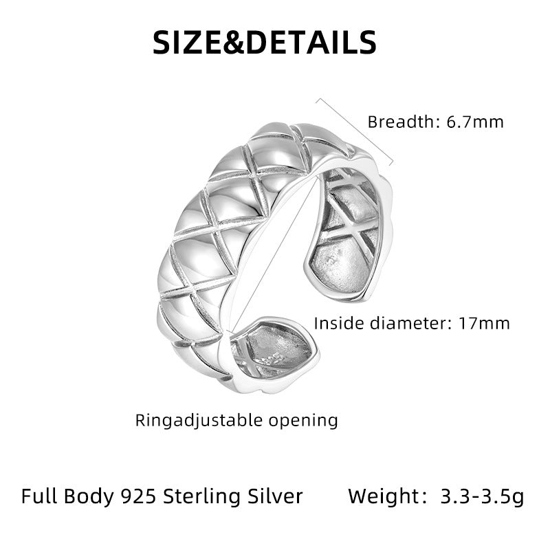 S925 silver geometric ring flat lay, contemporary statement band