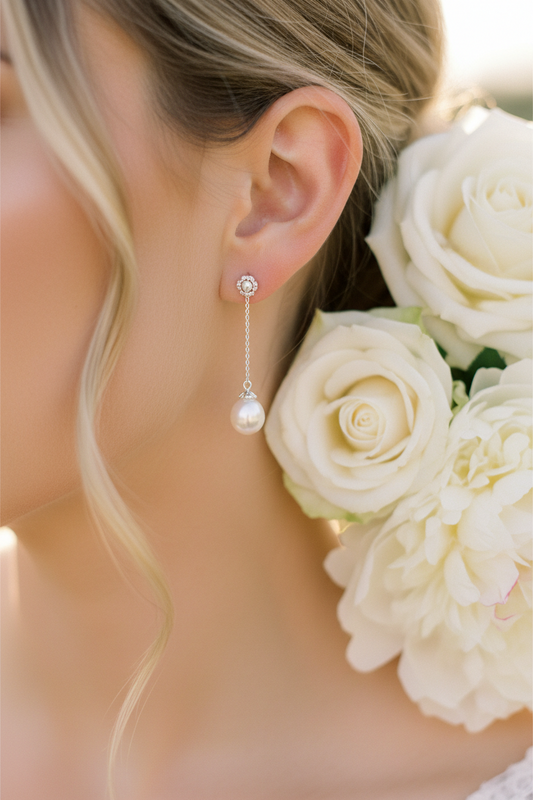  925 Sterling Silver Pearl Bridal Jewelry Set on Marble - LIBREAILE