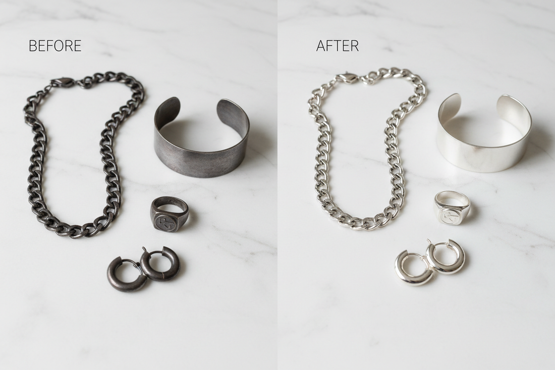 LIBREAILE minimalist 925 sterling silver necklaces and rings displayed on textured white stone with elegant soft shadows, showcasing anti-tarnish jewelry craftsmanship.