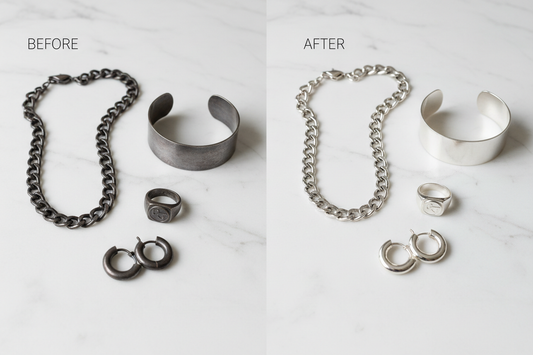 LIBREAILE minimalist 925 sterling silver necklaces and rings displayed on textured white stone with elegant soft shadows, showcasing anti-tarnish jewelry craftsmanship.