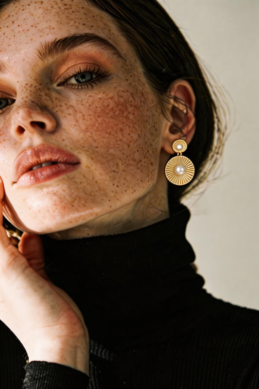 Gold disc pearl drop earrings on model, elegant party jewelry