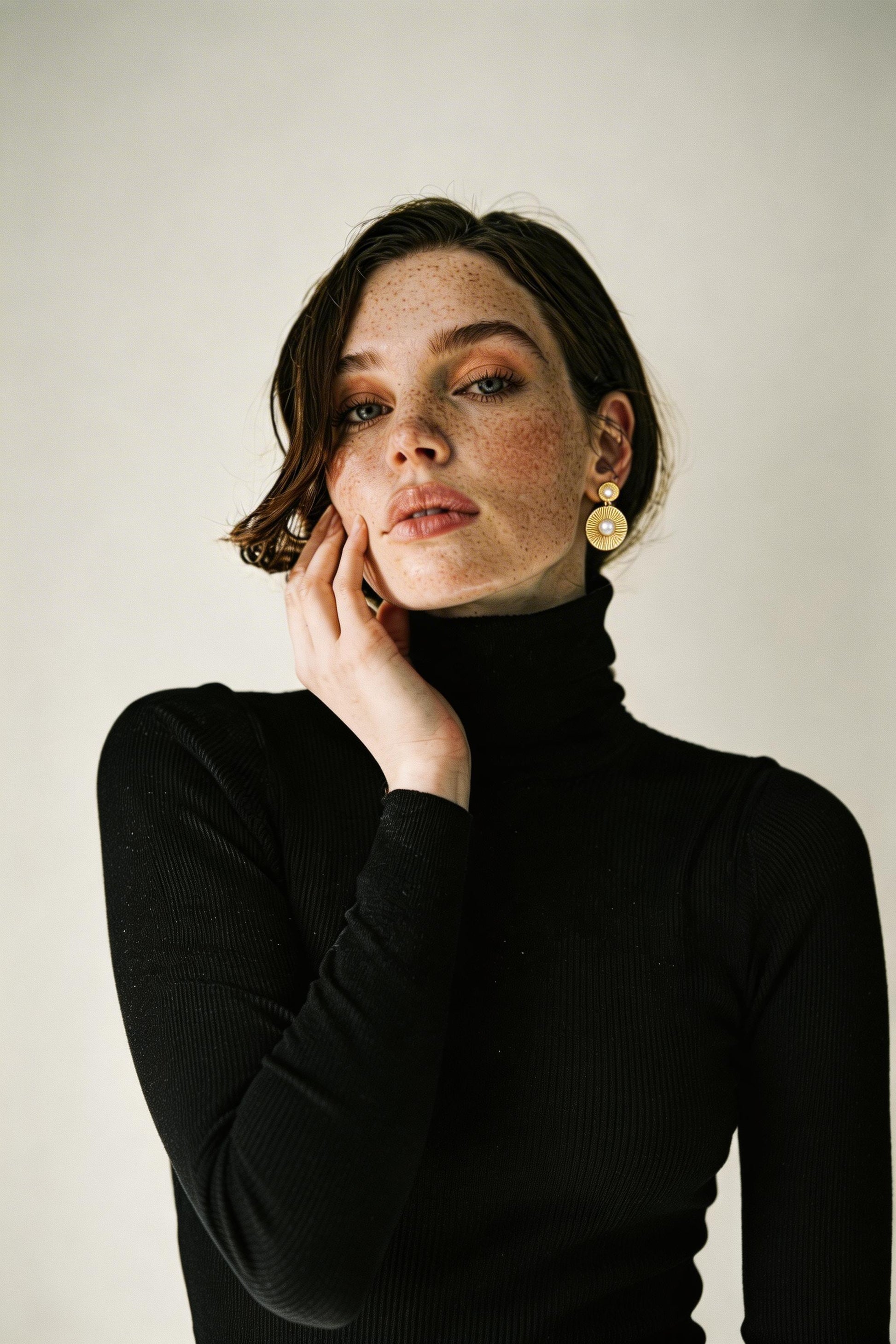 Woman wearing gold disc earrings with pearl drop, front view