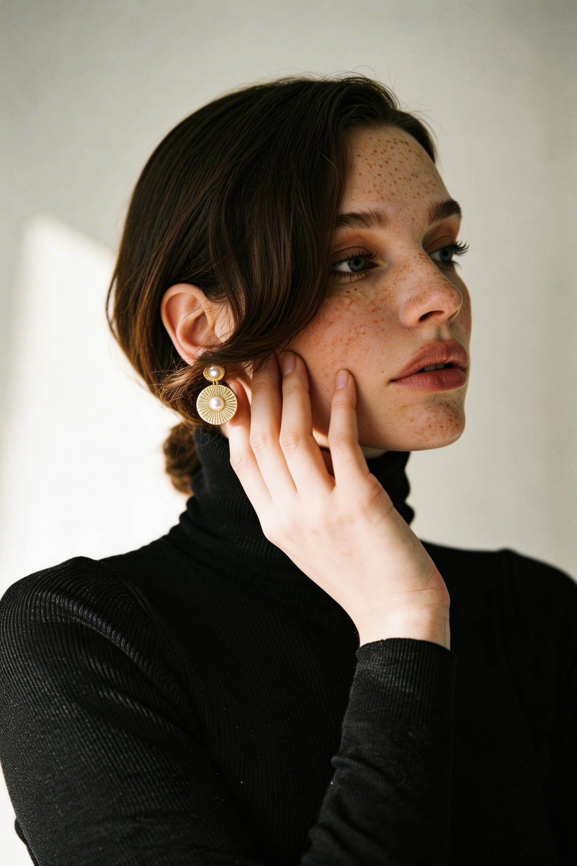 Pearl drop disc earrings worn by model, gift jewelry for women