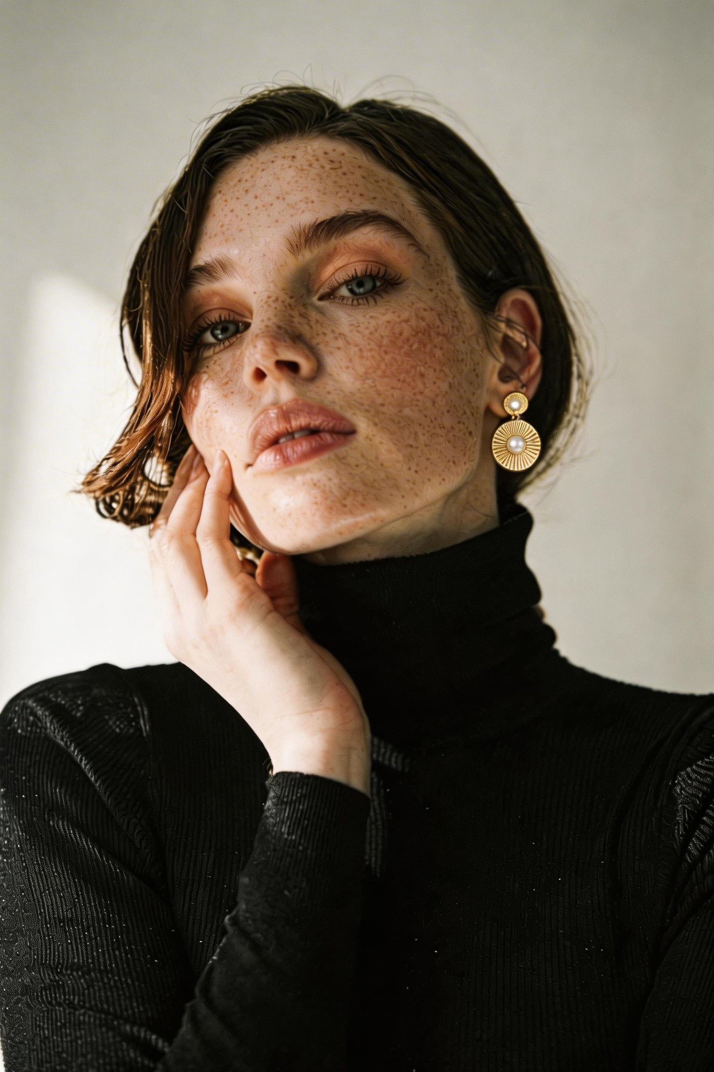 Gold statement earrings detail shot, pearl drop pendant