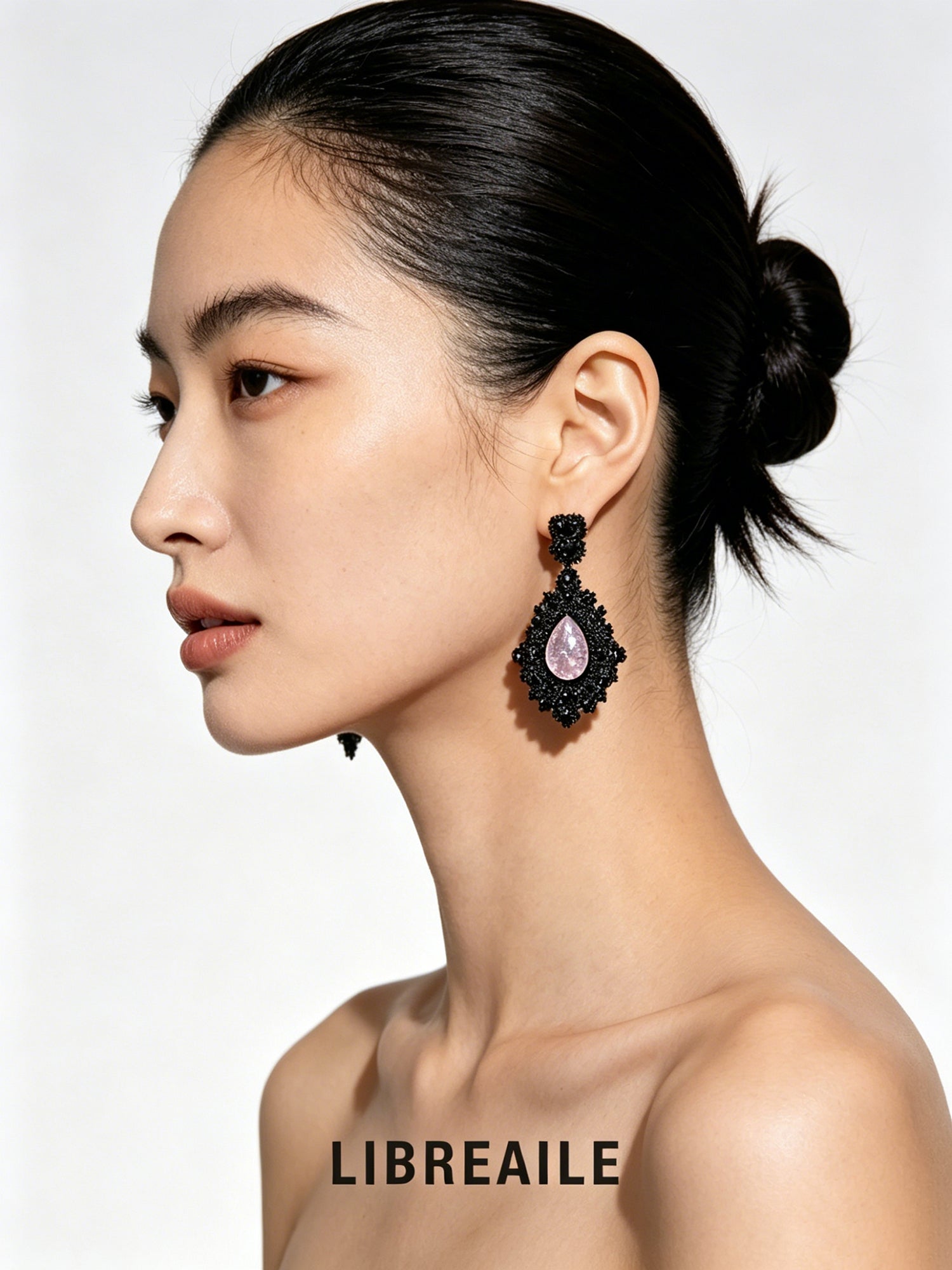 The Broken Hearts: Black & Pink Ice-Cracked Zirconia Drops, worn on model