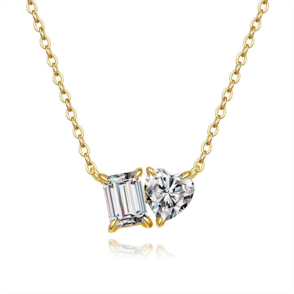 The Geometric Love Link: S925 Silver Emerald & Heart Moissanite Necklace