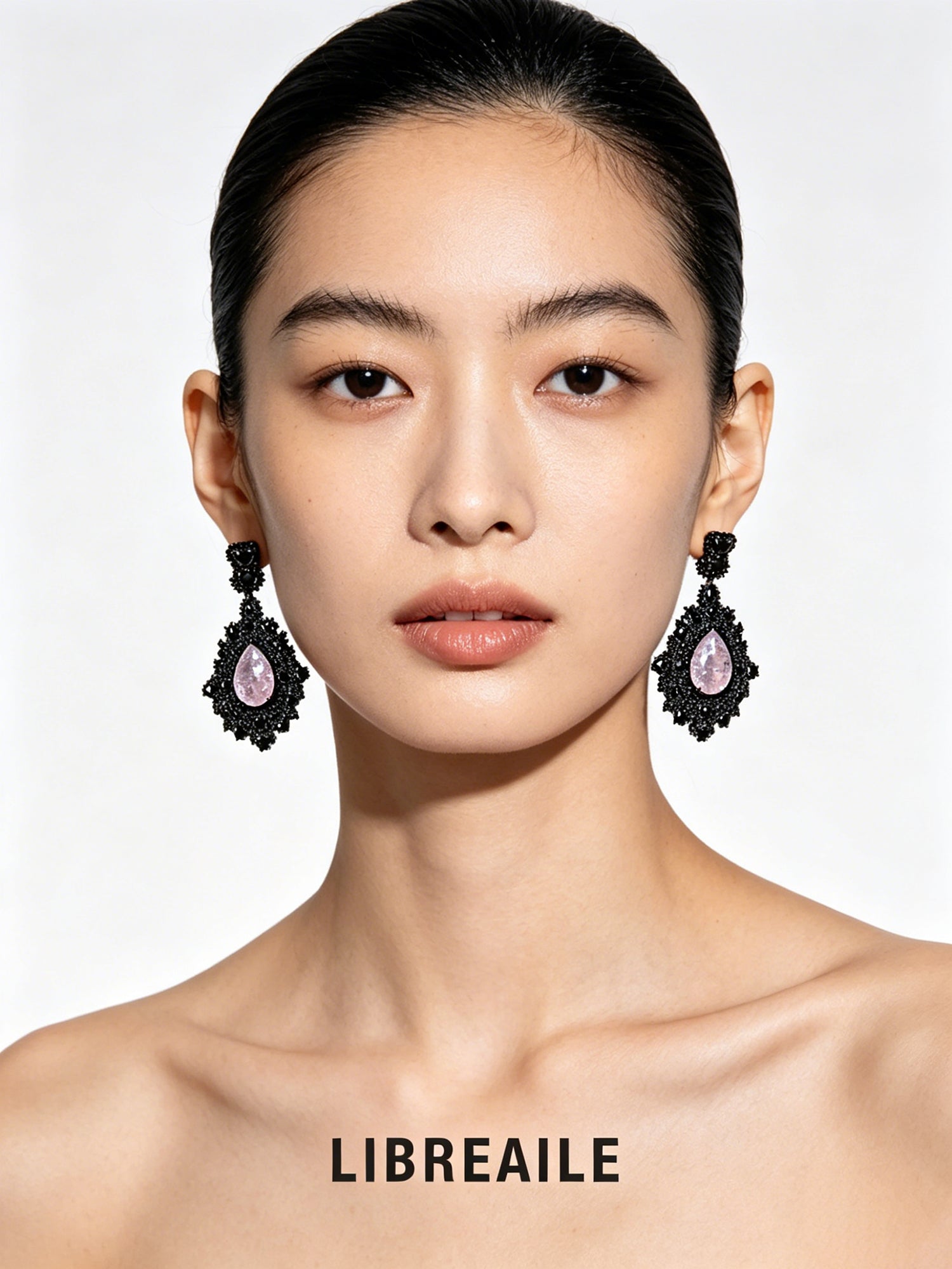The Broken Hearts: Black & Pink Ice-Cracked Zirconia Drops, close-up detail