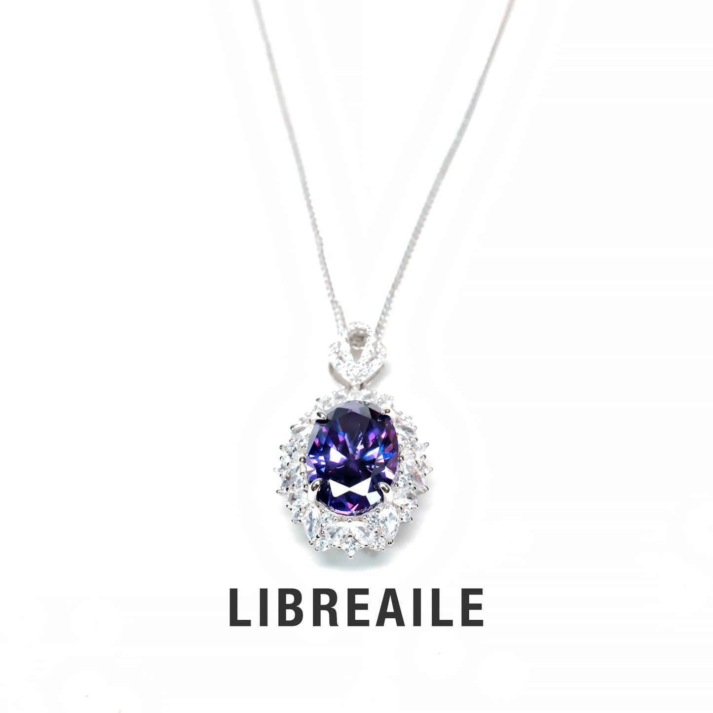 Purple crystal pendant necklace detail, sterling silver chain