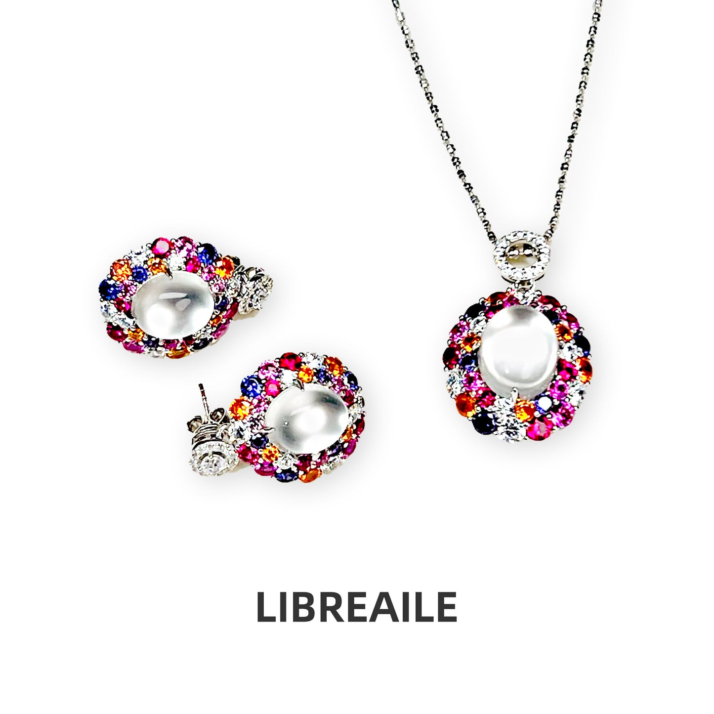 Silver stud earrings and layered necklace set detail view
