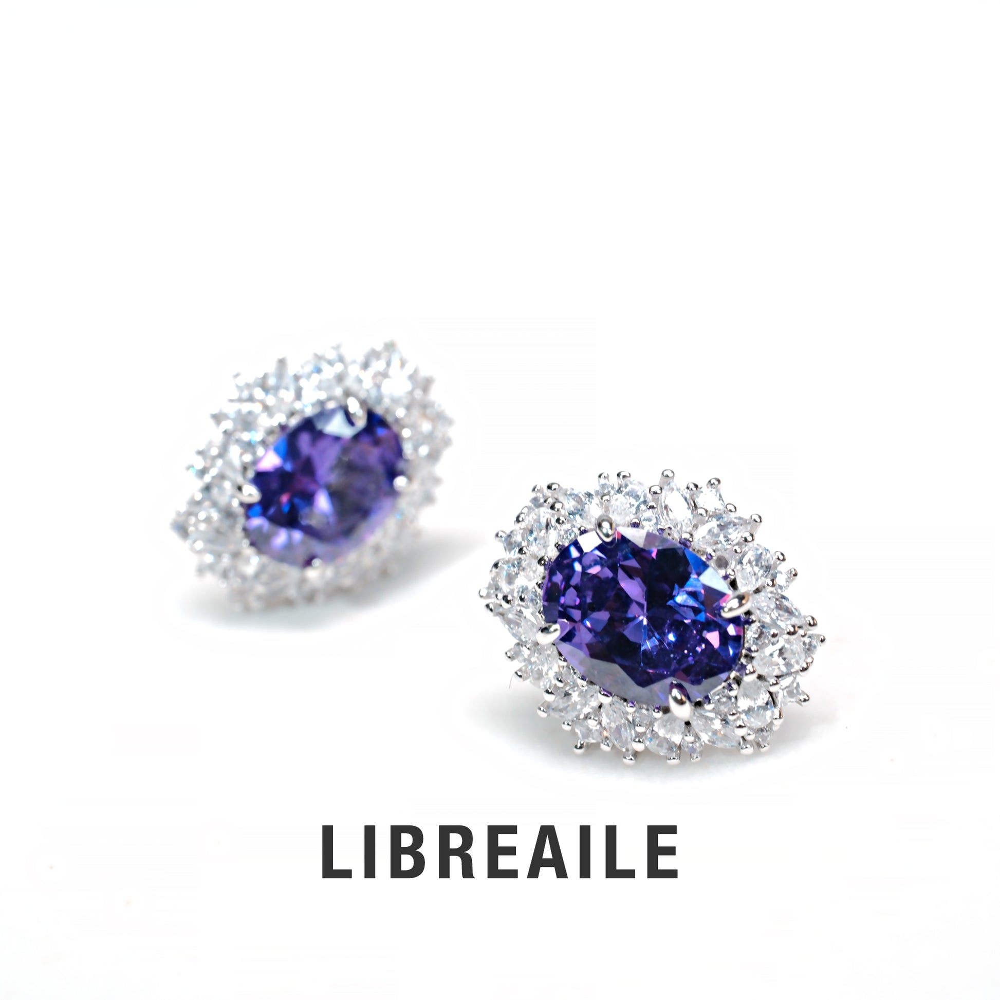 925 silver purple crystal earrings close-up, minimalist design