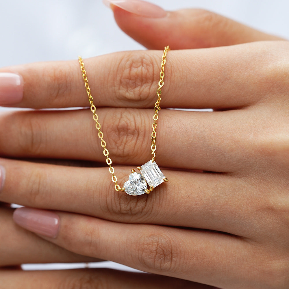 The Geometric Love Link: S925 Silver Emerald & Heart Moissanite Necklace