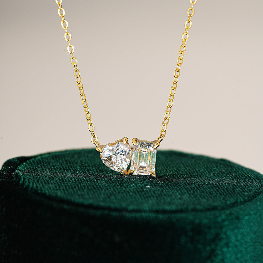The Geometric Love Link: S925 Silver Emerald & Heart Moissanite Necklace