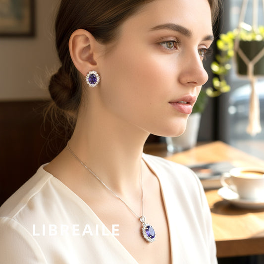 Purple crystal stud earrings and necklace set on model