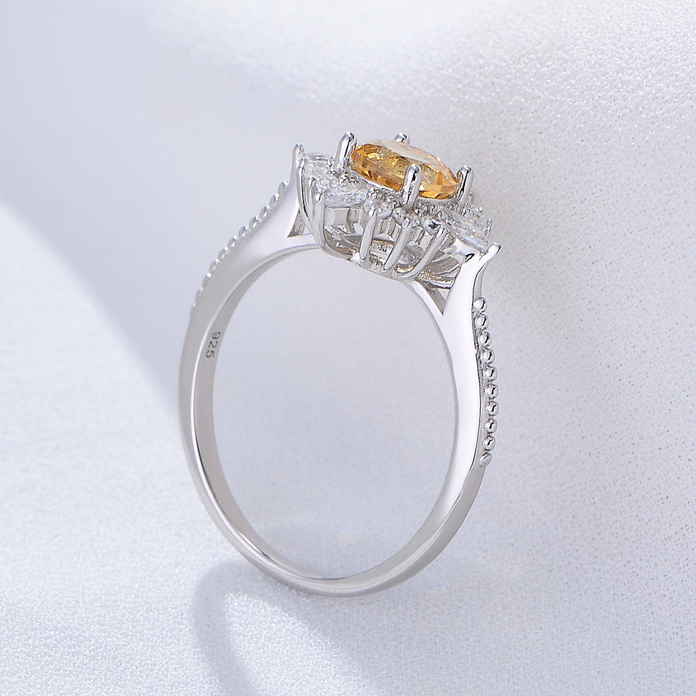 925 Sterling Silver Yellow Crystal Ring Close-up