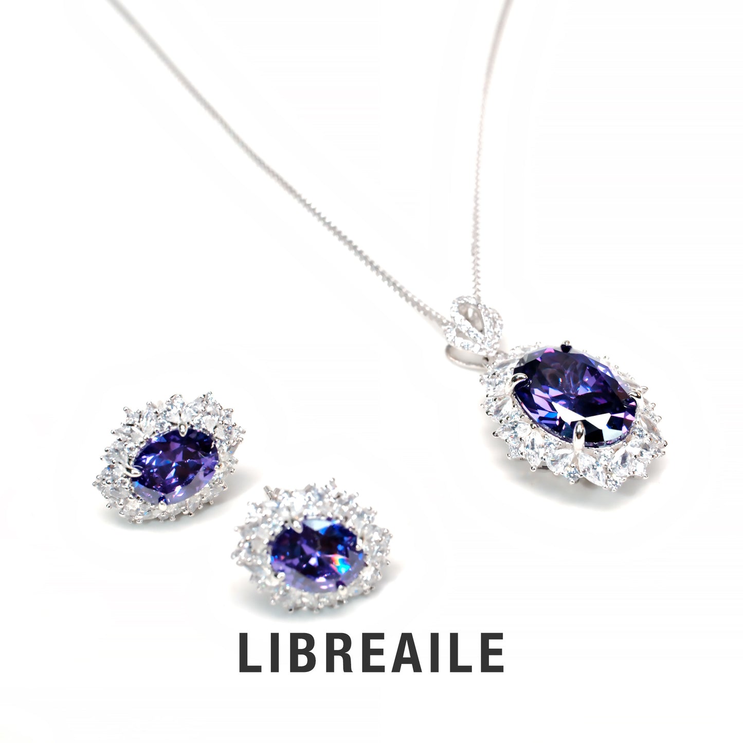 925 Sterling Silver Purple Crystal Necklace & Stud Earrings Set – LIBREAILE JEWELRY
