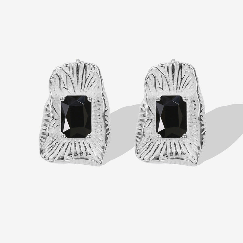 925 Sterling Silver Black Gemstone Stud Earrings Detail View
