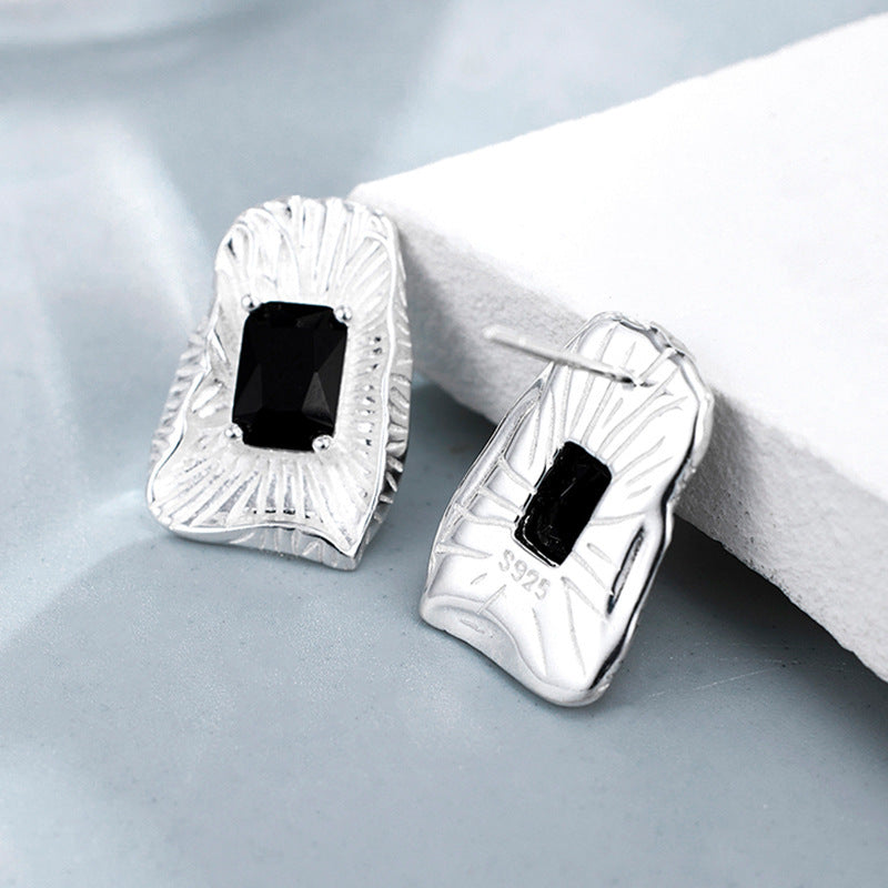 925 Sterling Silver Black Gemstone Stud Earrings Close-up