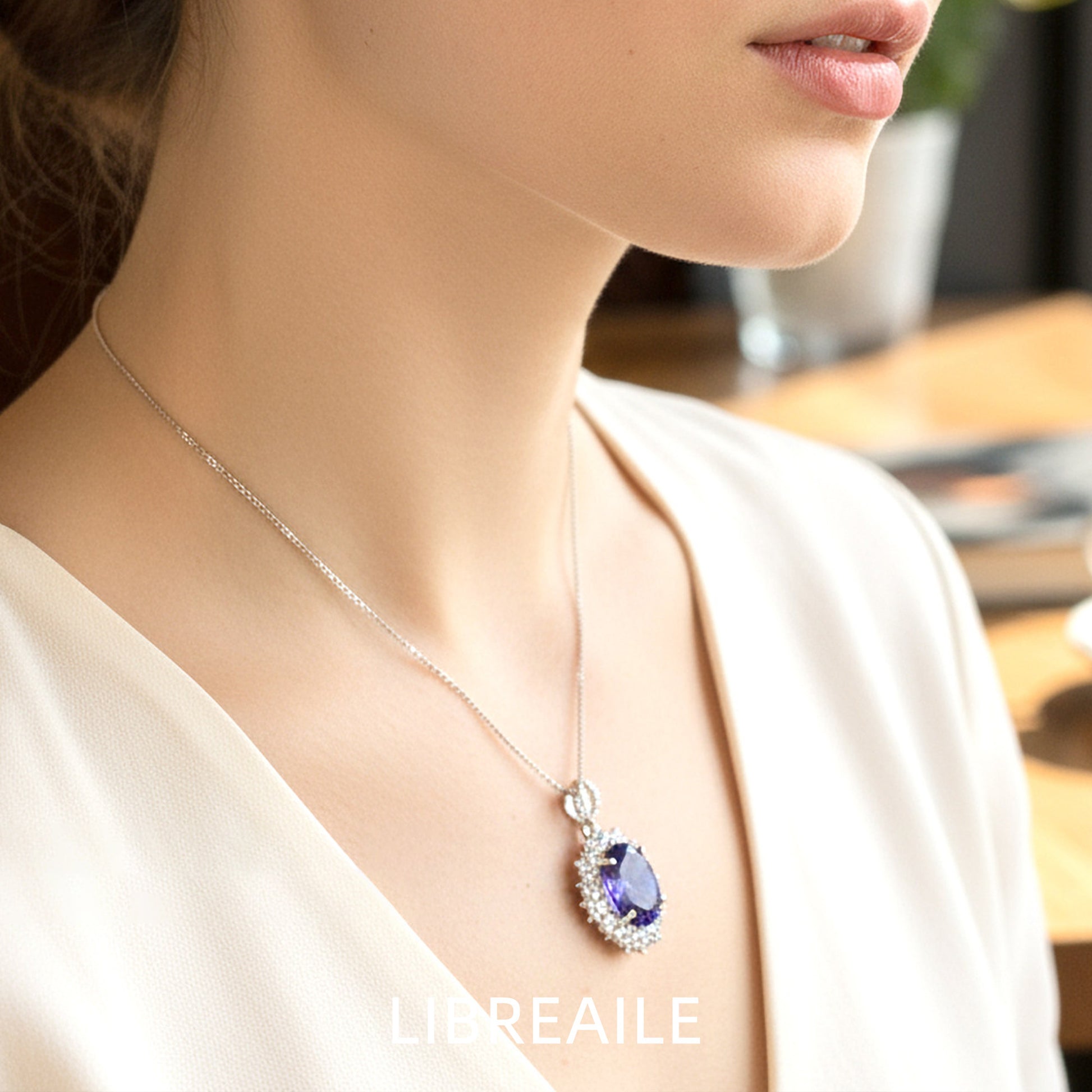 Model wearing purple crystal necklace and earrings set