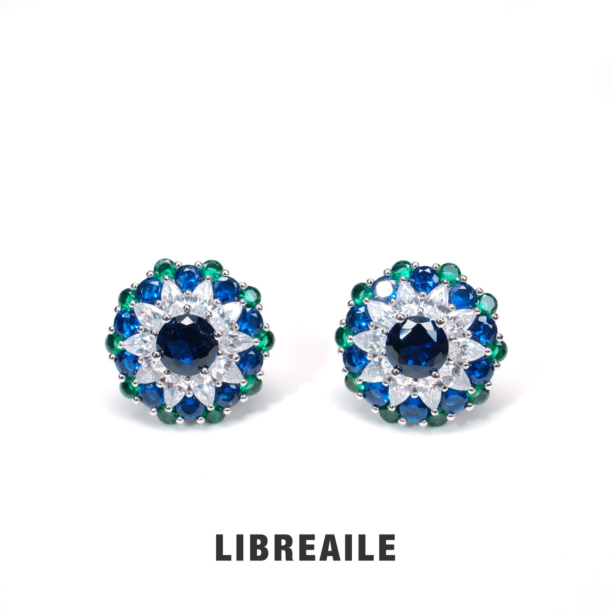 Cubic zirconia petal stud earrings close-up, colorful gemstone