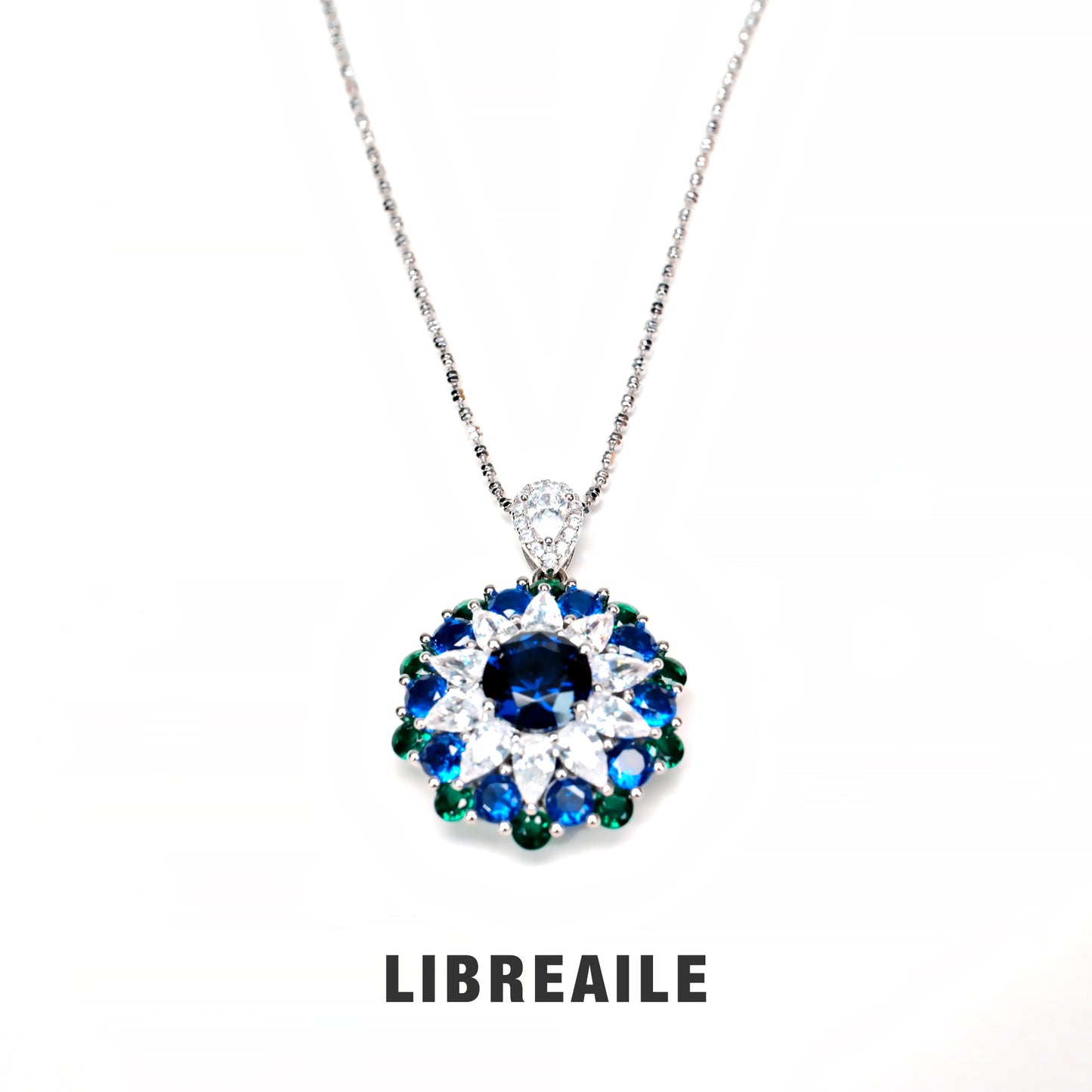 CZ necklace and earrings set detail display, sterling silver