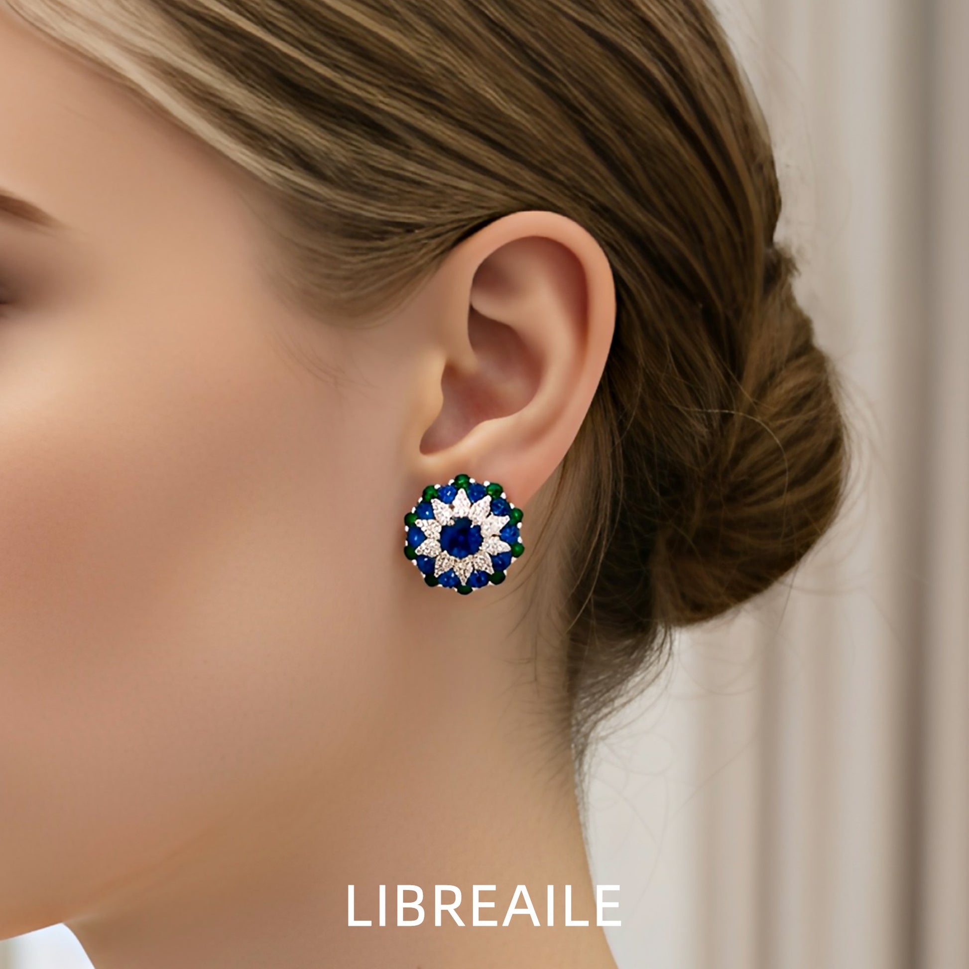 Model wearing CZ petal stud earrings, sterling silver jewelry