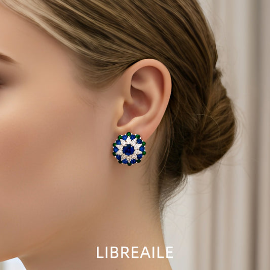 Model wearing CZ petal stud earrings, sterling silver jewelry