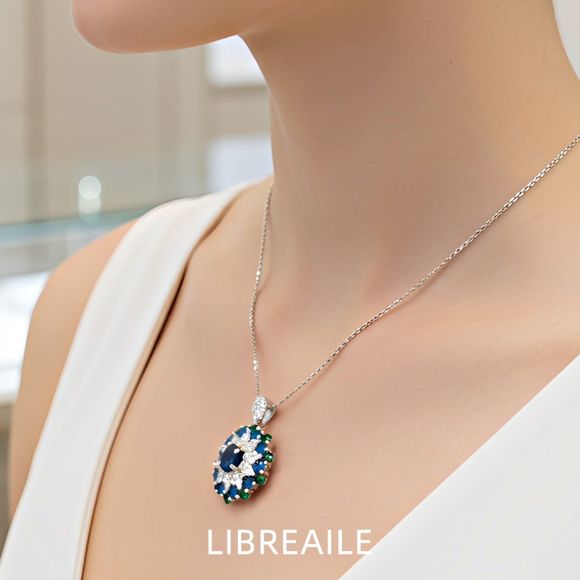 Model wearing CZ petal pendant necklace, 925 silver dainty jewelry