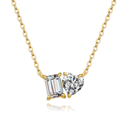 The Geometric Love Link: S925 Silver Emerald & Heart Moissanite Necklace