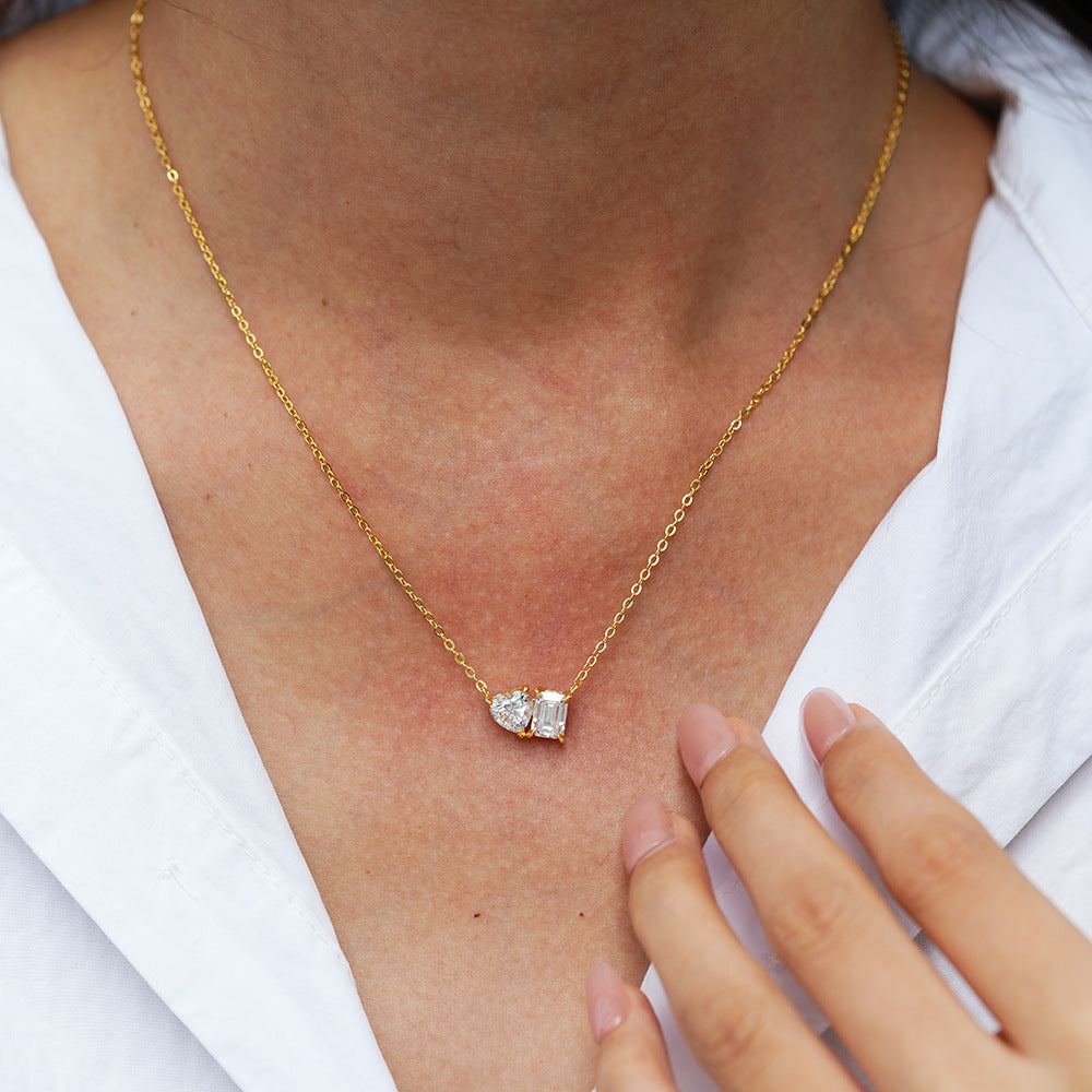 The Geometric Love Link: S925 Silver Emerald & Heart Moissanite Necklace
